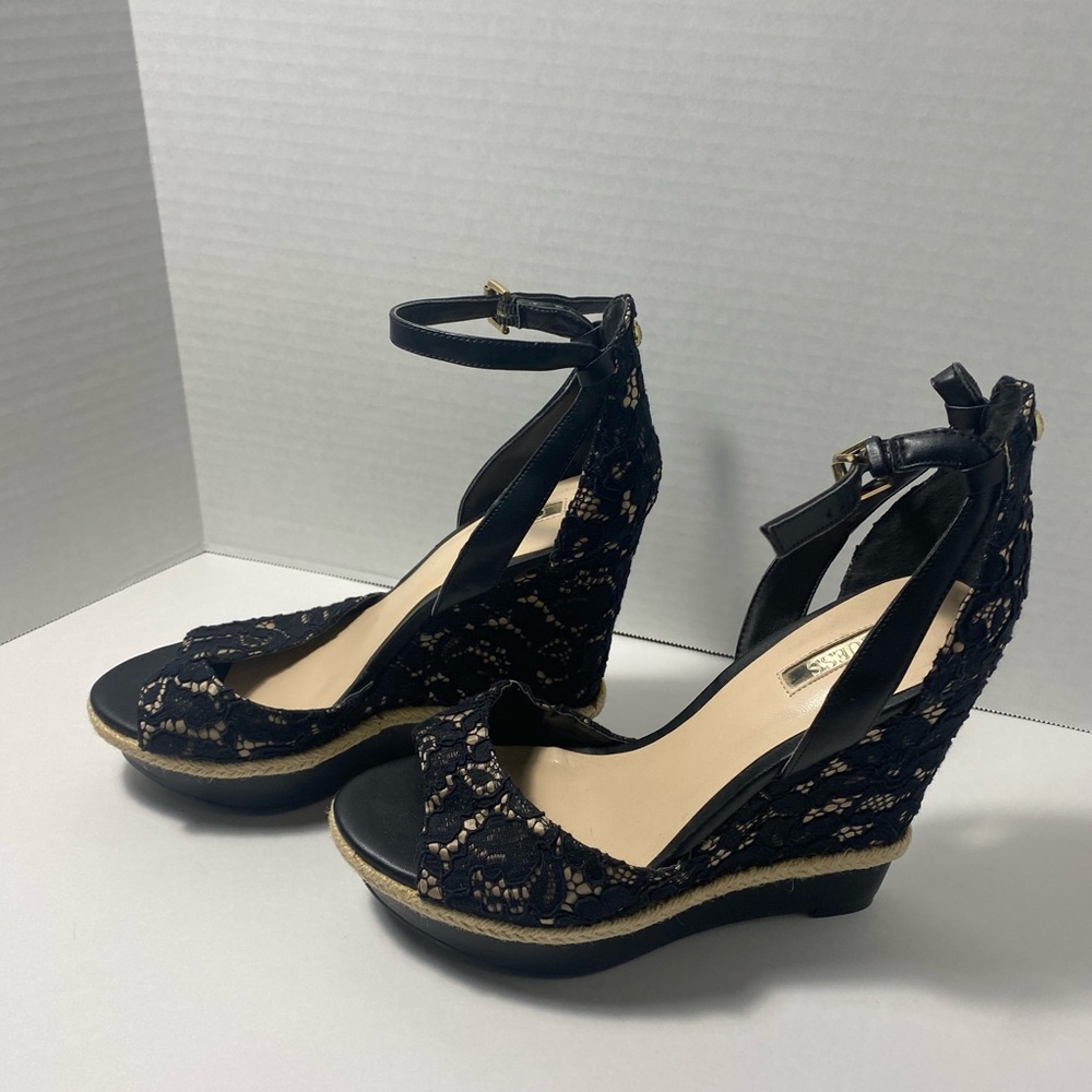 NWOT Guess Black Lace Wedge Sandals